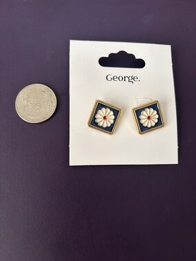 George Navy and White Floral Square Stud Earrings with Gold Trim